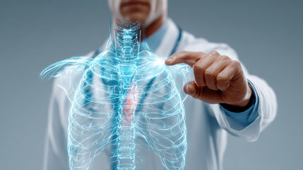 Medical professional examines holographic representation of human thoracic cavity, highlighting heart and lungs. This advanced technology showcases integration of healthcare and digital innovation