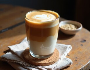 A creamy tahini latte served in a glass. The witht layers - tahini, steamed oat milk in the middle, and a foam top dusted with cinnamon. 