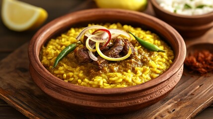 A comforting plate of yellow moong dal and rice khichuri served with rich, spicy bhuna (slow-cooked beef curry), garnished with fried onions and green chilies, styled on a clay bowl .
