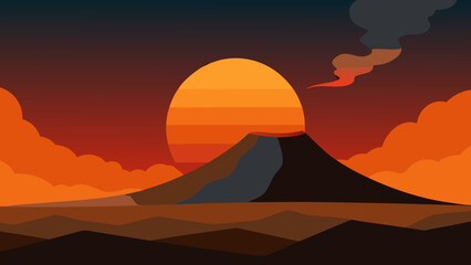 Obraz premium An orange summer sunset paints the desert landscape, silhouetting pyramids and mountains under a vast sky