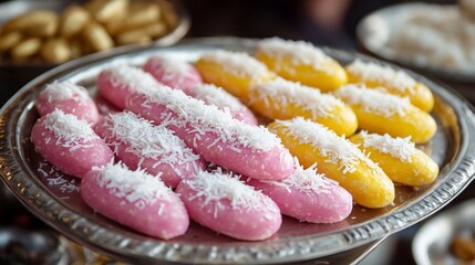 Colorful oval-shaped sweets in pink, yellow, and white, garnished with shredded coconut and placed neatly on a silver tray.