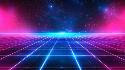 Futuristic, gridded landscape, vibrant colors