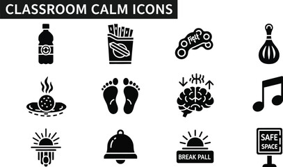Classroom calm icons featuring a bottle, fries, fidget toy, stress ball, food, feet, brain, music note, sunrise, bell, break pall, and safe space sign, all in a clean, minimalist style.