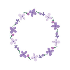 Cute floral wreath with lilac and pink flowers in a round frame. Hand drawn in pastel colors. Perfect for cards, invitations, and spring-themed decor.