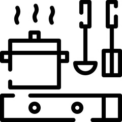 Outline Illustration of Kitchenware and Cooking Essentials on a Stove