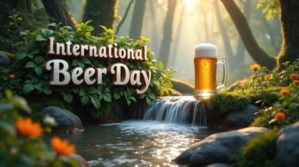 Celebrating international beer day with refreshing brew near a tranquil stream in lush forest setting