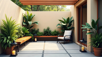 Serene outdoor patio with pergola beige stucco wall and plants featuring candles bench and striped armchair