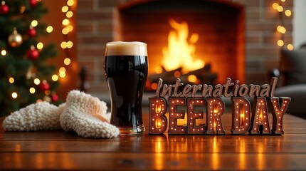 Celebrating international beer day with cozy atmosphere beverages home fireplace festive decorations warm vibes