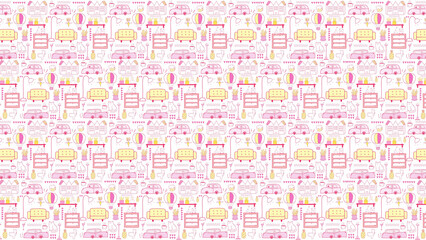 A whimsical pattern featuring cars, houses, furniture, and various household objects in pink and yellow