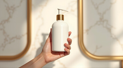 Skincare bottle with gold cap held by manicured hand against elegant interior with soft light
