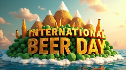 Celebrating international beer day a festive gathering on island paradise with creative graphic design