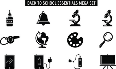 Back to school essentials mega set features a collection of education icons including a globe, microscope, art palette, glue, bell, whistle, magnifier, tablet, charger, and whiteboard.