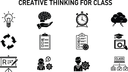 Creative thinking for class is represented by icons including a lightbulb, brain, alarm clock, cloud, arrows, clipboard, presentation, and people with gears, showcasing learning.