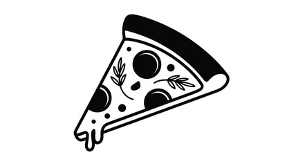 Black and white pizza slice with pepperoni and herbs illustration