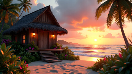 Tropical beach hut on sunset shore framed by palm trees pink flowers and golden sky reflecting on calm ocean
