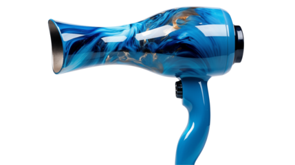 A contemporary hair dryer boasts a swirling blue and gold pattern isolated on transparent background