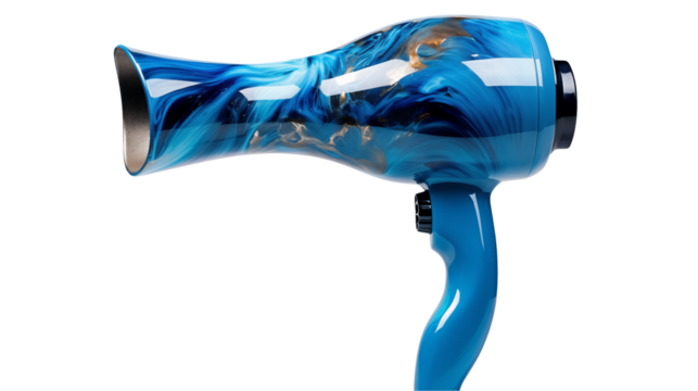 A contemporary hair dryer boasts a swirling blue and gold pattern isolated on transparent background
