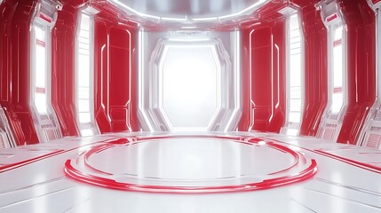 Futuristic, red and white interior space