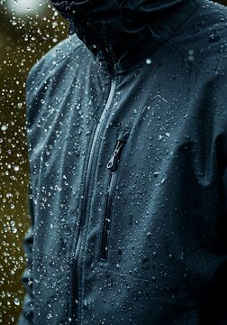 man is wearing a black jacket. man wearing a waterproof jacket with a cool and modern style and there are water splashes on the waterproof jacket.