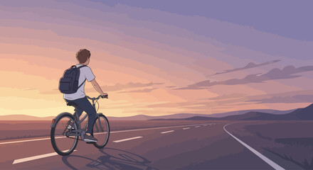 Fototapeta premium A young person rides a bicycle on a long, empty road towards the sunset.
