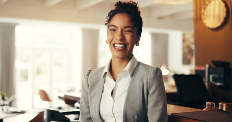 Portrait, business and woman in workplace, smile and accounting specialist with success. Pride,...