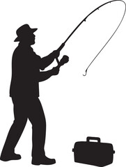 Vector Black Silhouette of a Man Fishing in Profile with Arched Rod and Minimalist Design