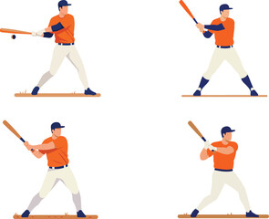 Baseball Player Swinging Bat Set – Flat Vector Sports Illustration