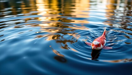 a koi fish swimming in a pond with ripples, captured as a composite photo showing multiple moments of its movement across the water's surface