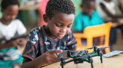 Focused young boy examines a drone with glowing green lights in a classroom setting