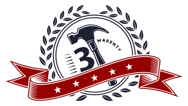 Elegant carpentry warranty badge design features a hammer, laurel wreath, and a stylish ribbon with stars, perfect for construction branding.