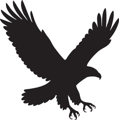 Vector Silhouetted Eagle with Wings Spread in Dynamic Swoop on High-Contrast White Background