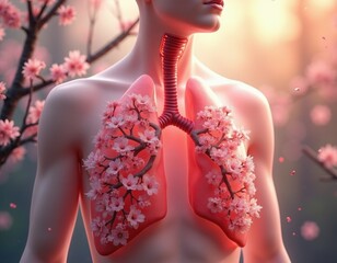 human lung system on body with the delicate blooming cherry branches