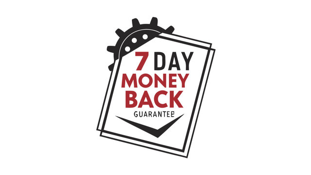 Graphic displays a day money back guarantee with a gear icon, ideal for promotion and business assurance.