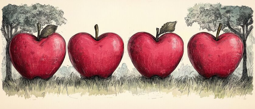Illustration of four large, heart-shaped apples in a row, flanked by stylized trees, rendered in a textured, painterly style against a muted background