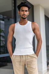 Handsome and good looking Gen Z male model with a fashionable black haircut, is posing in a trendy outfit with a gym fit muscled body