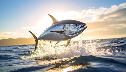 Tuna leaping in ocean sunrise