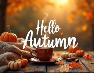 autumn banner with text hello autumn, cup of hot drink on knit cover and fallen leaves
