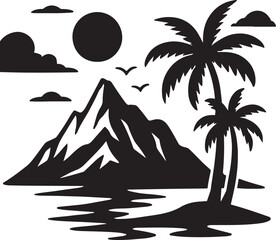 Silhouette of a tropical island paradise with palm trees and mountains at sunset