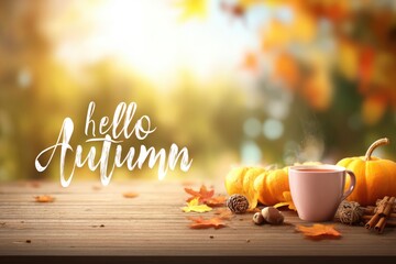 autumn banner with text hello autumn, cup of hot drink on knit cover and fallen leaves