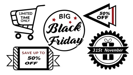 Obraz premium Black Friday sale graphics feature shopping cart, promotional tags, and design elements for seasonal marketing.