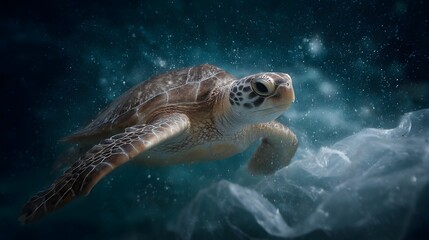 Fototapeta premium Sea turtle swimming near floating plastic debris