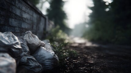 Neglected piles of trash litter a residential area