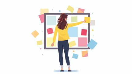 Woman pinning sticky notes to a board showcases project planning and strategic business development with creative brainstorming session.