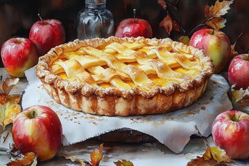 Still life watercolor painting of an apple pie surrounded by apples and autumn leaves, on a rustic surface