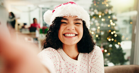 Happy, Christmas and portrait of woman with selfie in office with corporate festive season or...