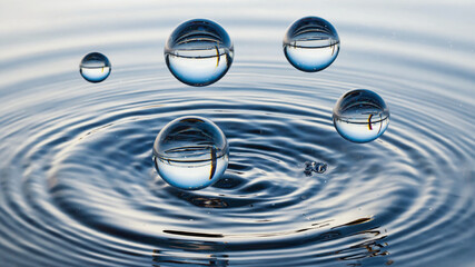 Hyperreal Glass Spheres Bouncing on Liquid Mirror with Abstract Ripples and Reflective Motion