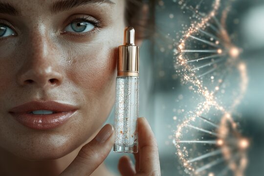 cropped portrait of a beautiful woman with glowing hydrated skin spreading a peptide-infused cream on her cheek with her fingertips. 