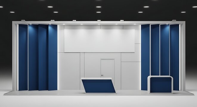 Modern Exhibition Booth Design with Blue Accents and Dramatic Lighting