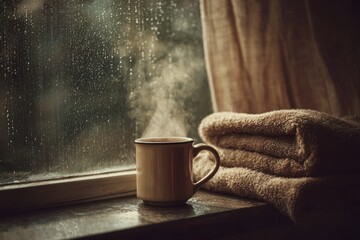 a ceramic mug with hot steaming drink on a windowsill, relaxing quiet vibe on autumn day