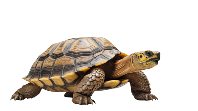 Detailed shot of a radiated tortoise walking isolated on transparent background